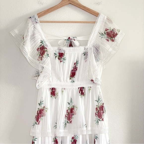 Lulus Thriving Romance White Floral Tiered Plisse Pleat Lace Trim Midi Dress XS - Picture 7 of 14
